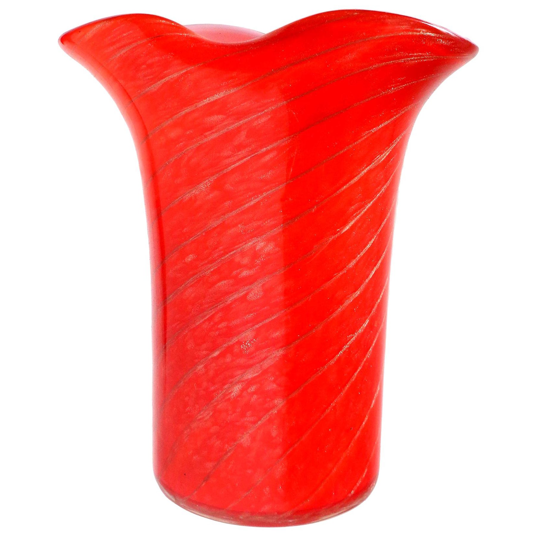 Fratelli Toso Murano Red Aventurine Candy Cane Italian Art Glass Flower Vase