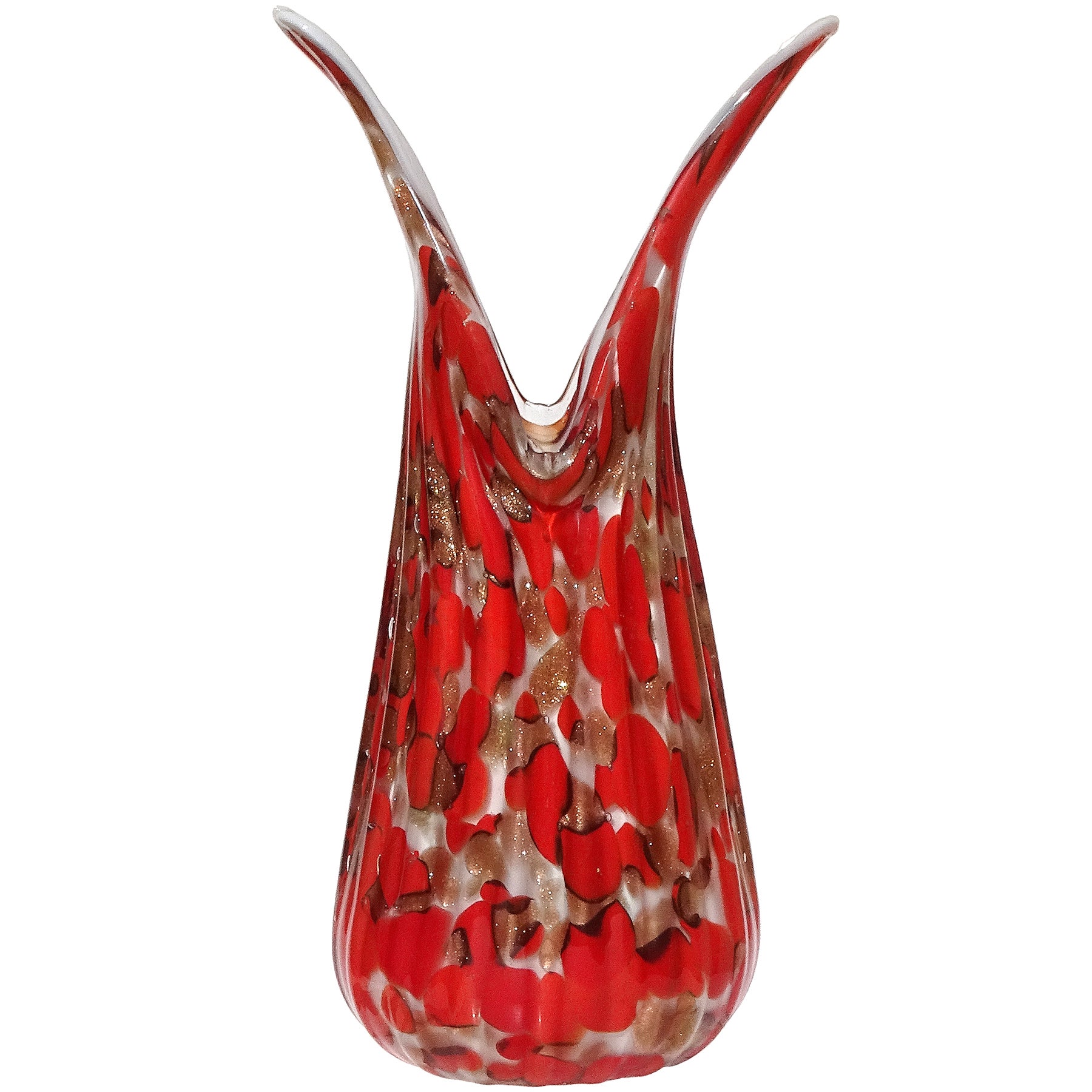 Fratelli Toso Murano Red Aventurine Flecks Italian Art Glass Flared Flower Vase