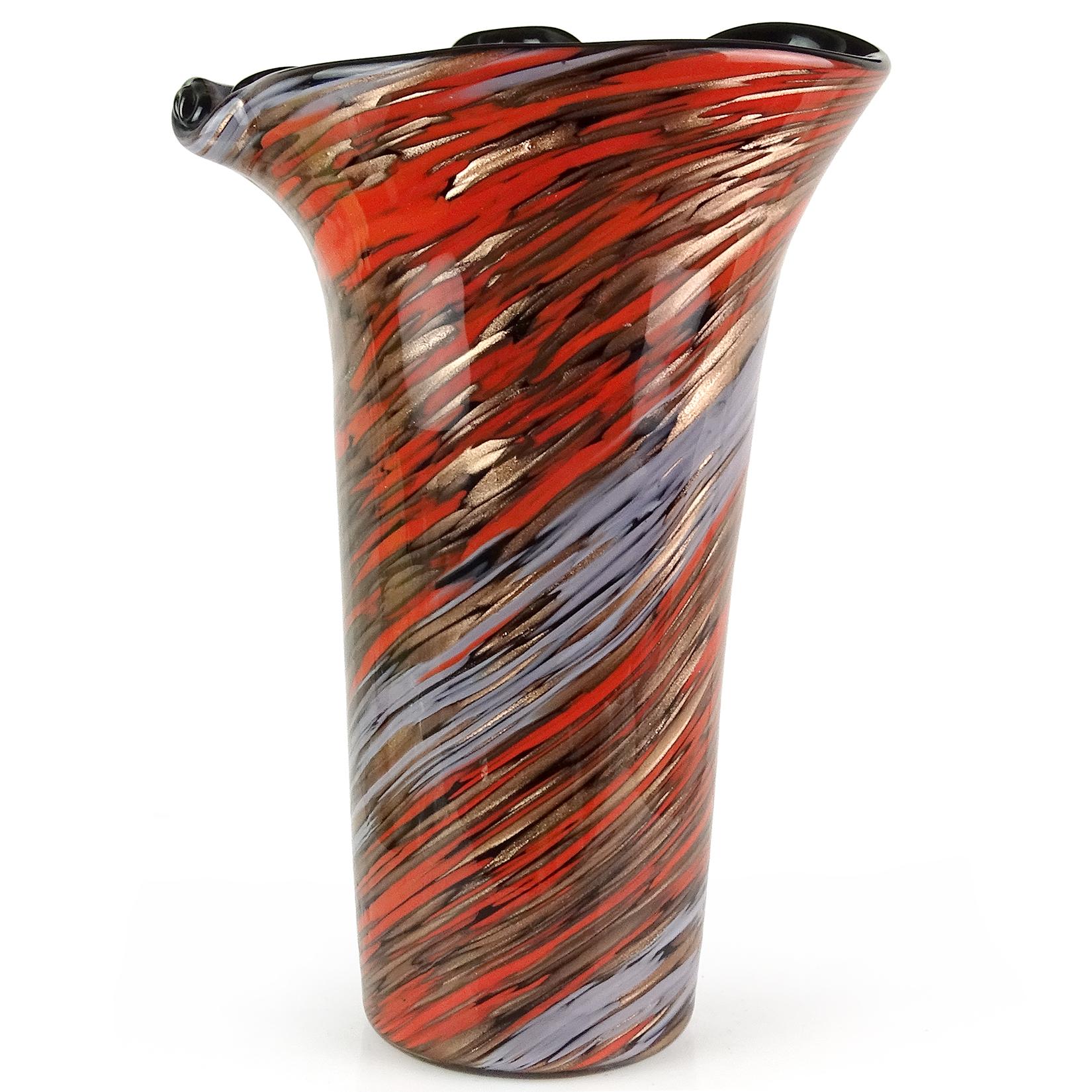 Hand-Crafted Fratelli Toso Murano Red Blue Copper Aventurine Italian Art Glass Flower Vase For Sale