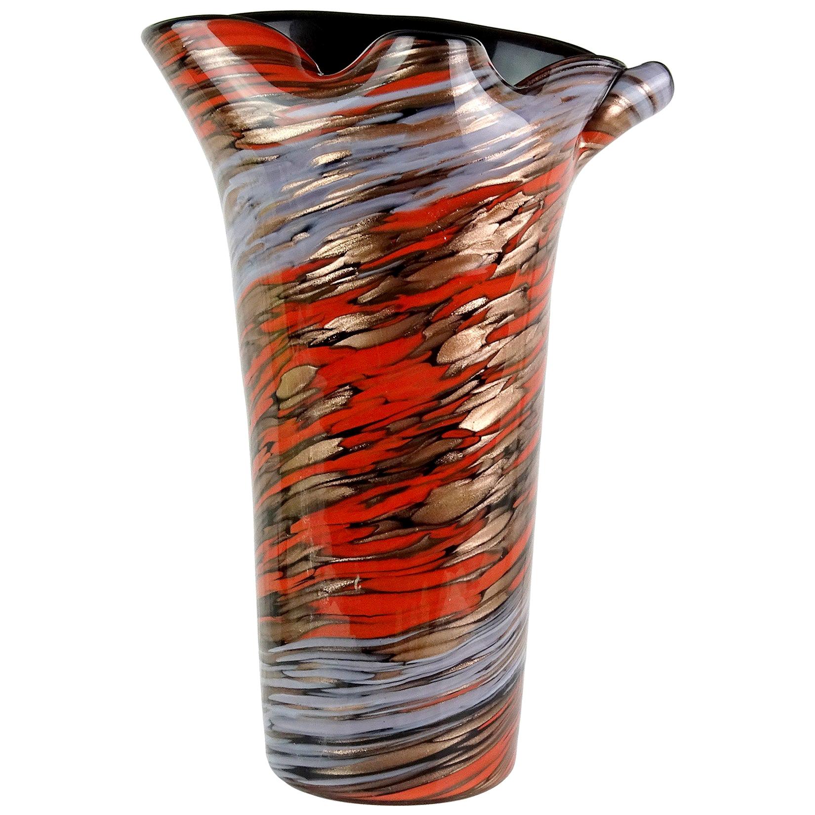 Fratelli Toso Murano Red Blue Copper Aventurine Italian Art Glass Flower Vase