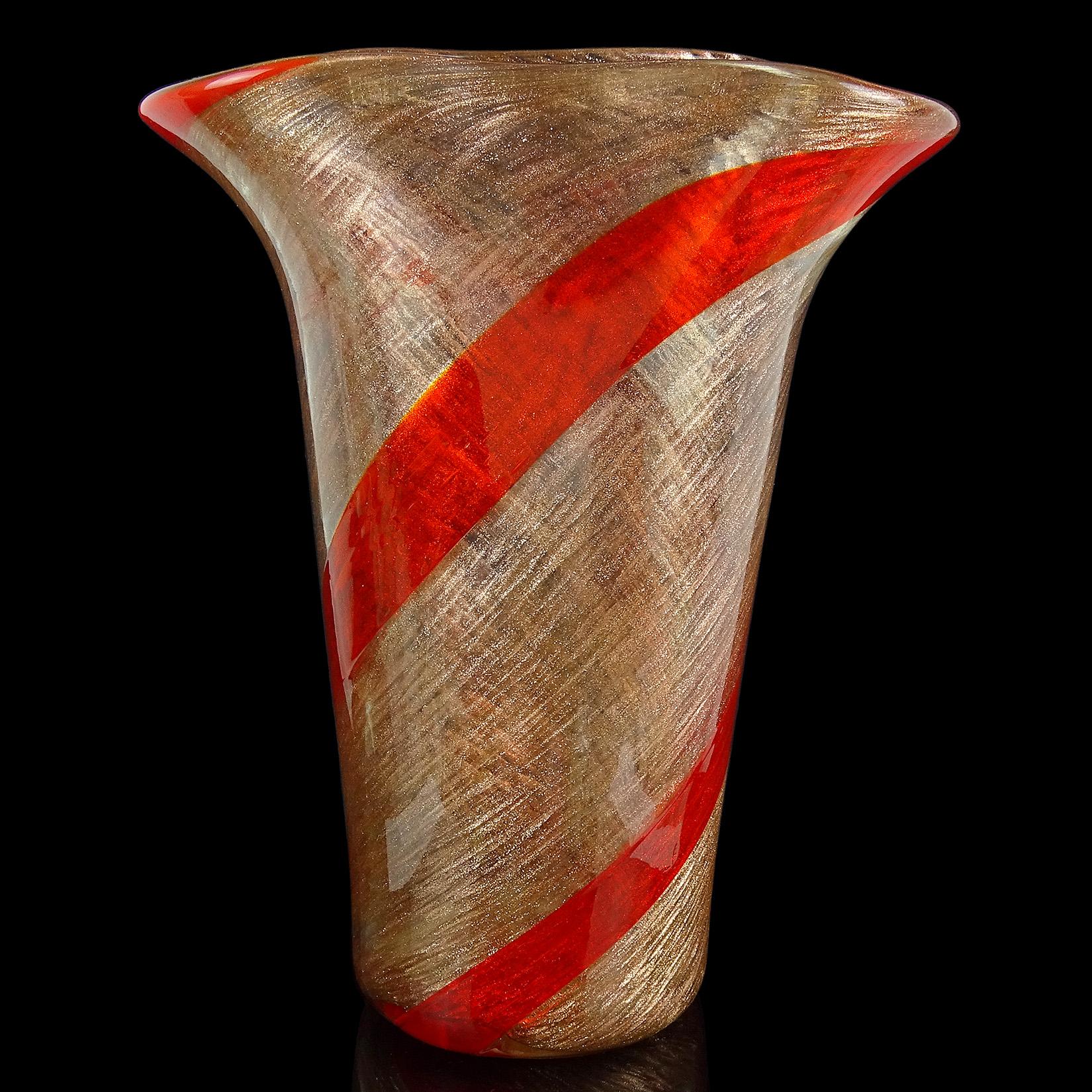 Mid-Century Modern Fratelli Toso Murano Red Orange Stripe Aventurine Italian Art Glass Flower Vase