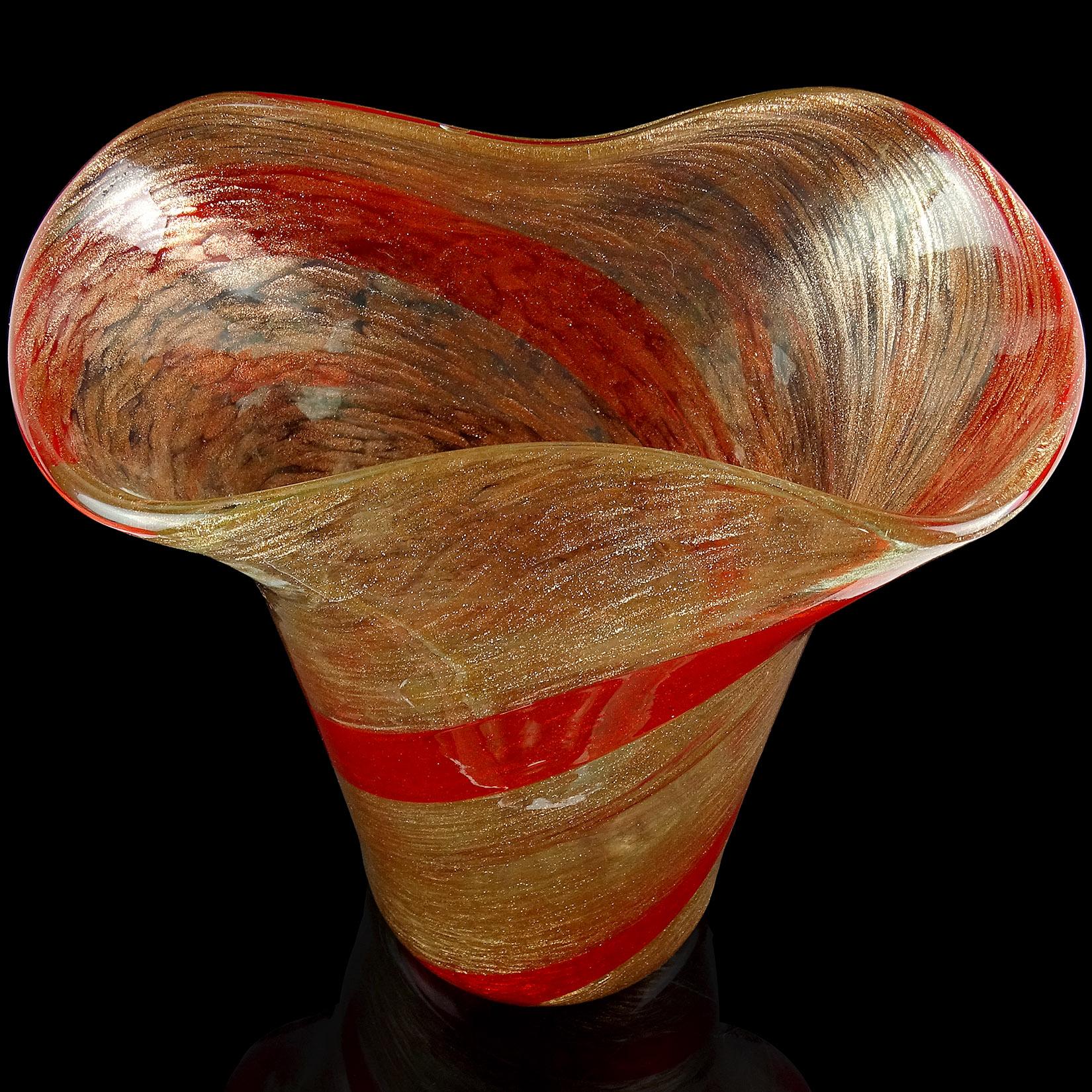 Hand-Crafted Fratelli Toso Murano Red Orange Stripe Aventurine Italian Art Glass Flower Vase
