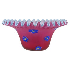 Fratelli Toso Murano Red Pink Millefiori Flowers Italian Art Glass Satin Bowl