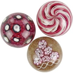 Fratelli Toso Murano Red Pink Millefiori Ribbons Italian Art Glass Paperweights