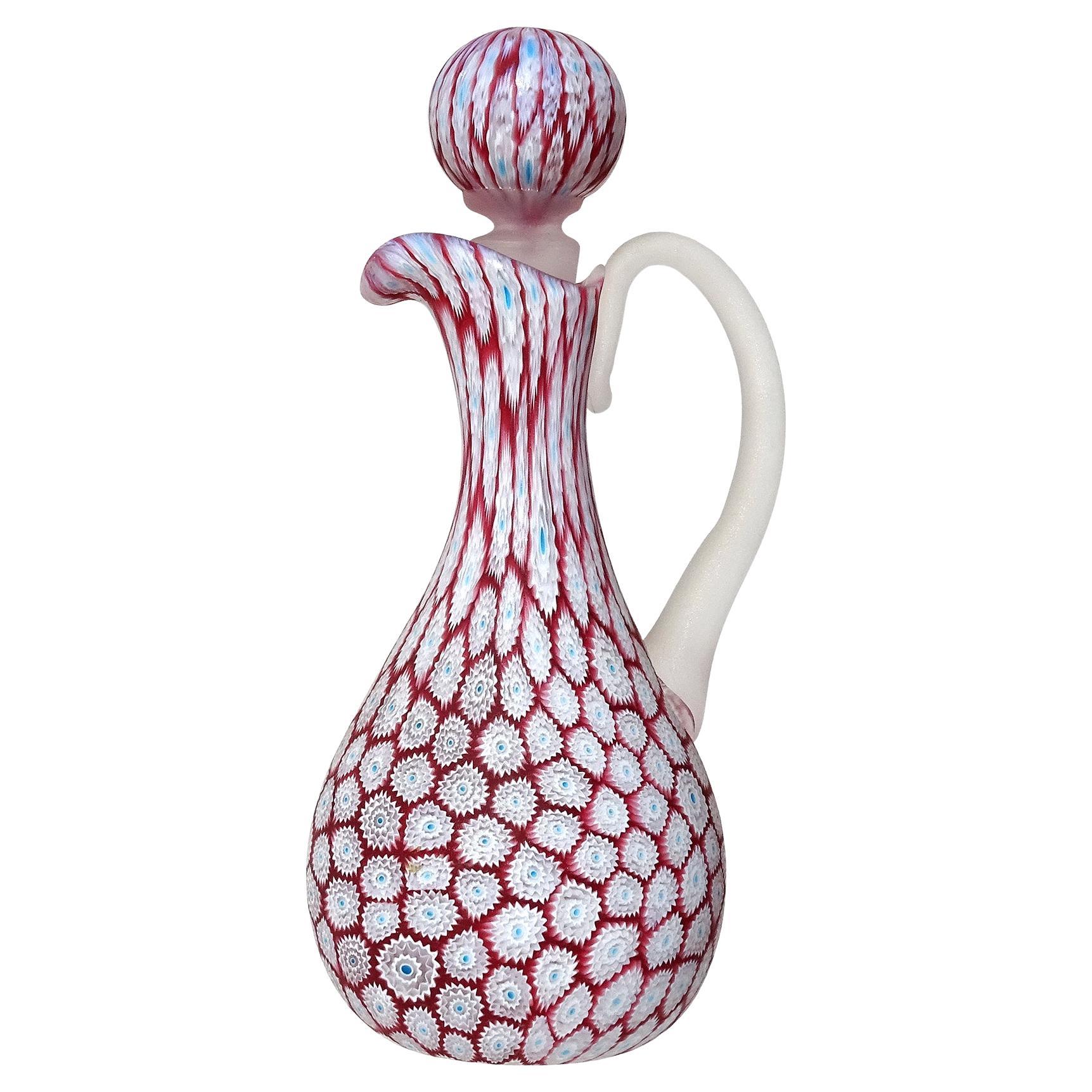 Fratelli Toso Murano Red Pink White Flower Murrine Italian Art Glass Ewer Cruet