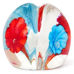 Fratelli Toso Murano Red Sky Blue Flowers Italian Art Glass Desk Paperweight