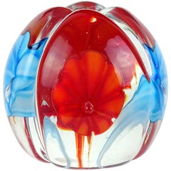 Fratelli Toso Murano Red Sky Blue Flowers Italian Art Glass Desk Paperweight