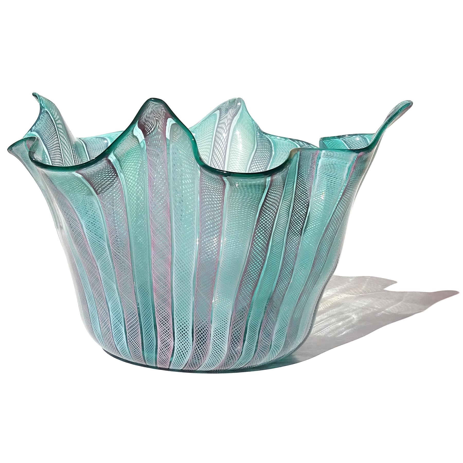 Beautiful, and extra large, vintage Murano hand blown pink and white ribbons over aqua blue Italian art glass sculptural handkerchief / fazzoletto vase. Documented to the Fratelli Toso Company, and in the style of the Venini company. The vase is