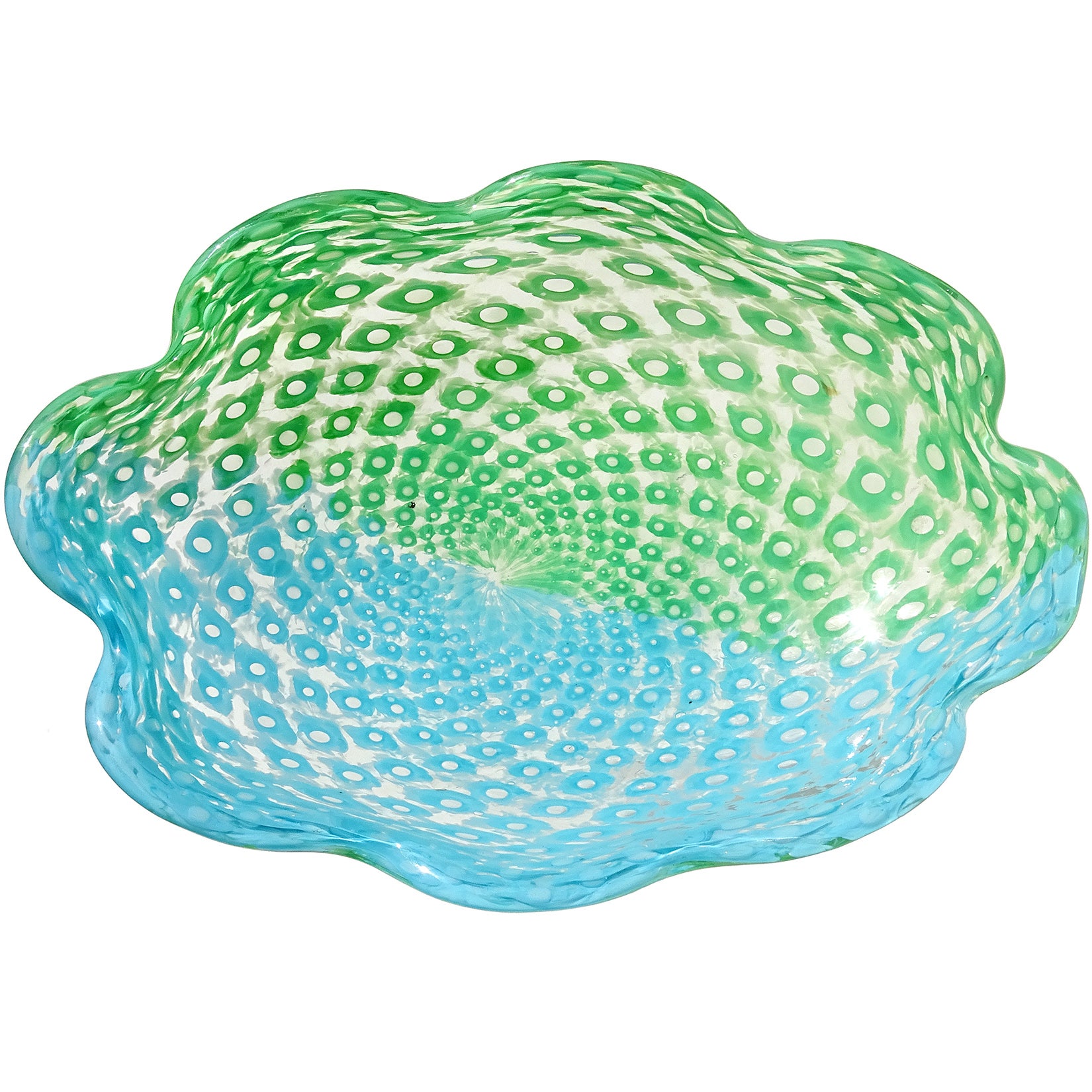 Bol de centre de table en verre d'art italien Fratelli Toso Murano à bulles bleu ciel et vert