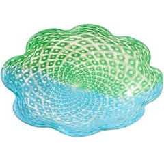 Fratelli Toso Murano Sky Blue Green Bubbles Italian Art Glass Centerpiece Bowl