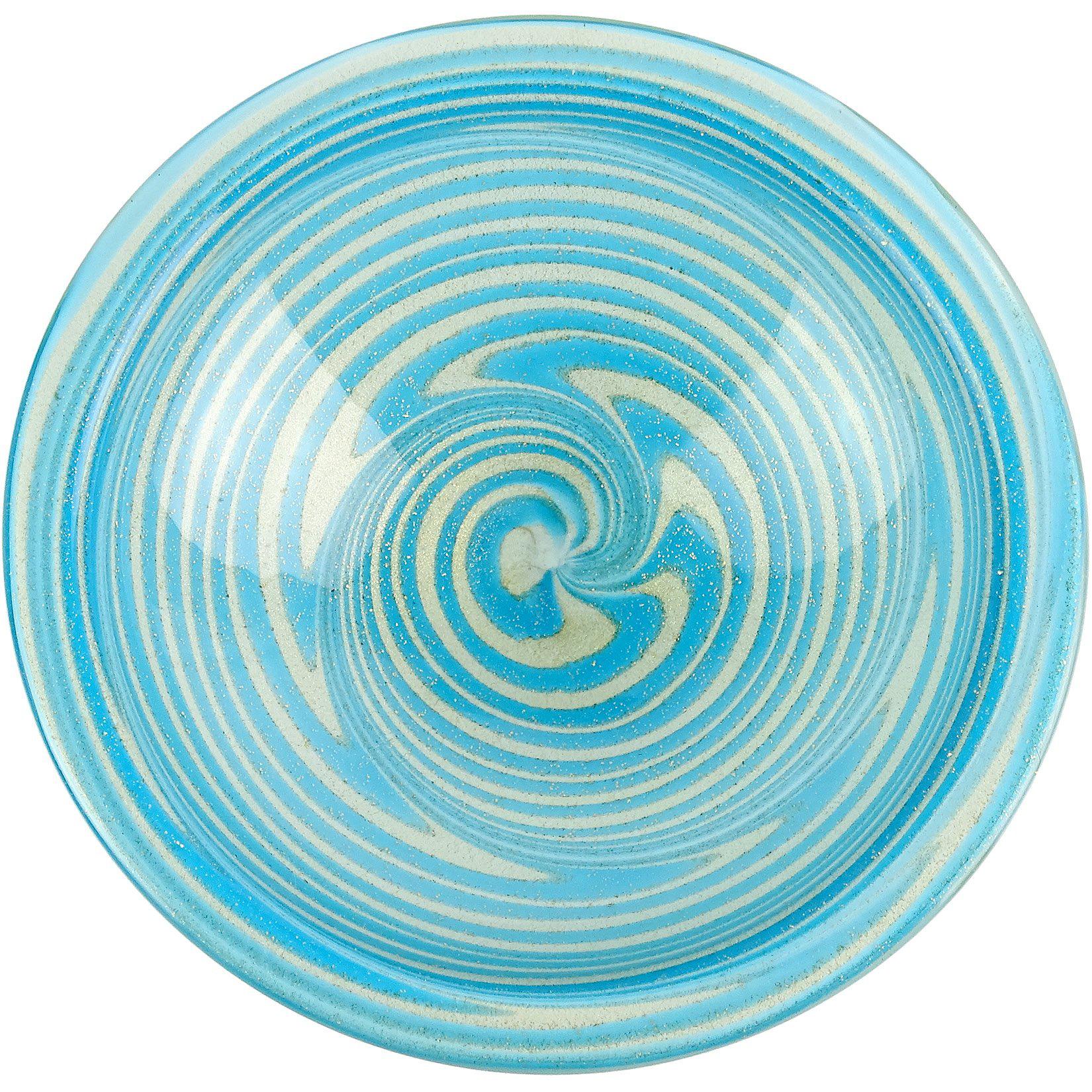 Fratelli Toso Murano Sky Blue Optic Swirl Gold Flecks Italian Art Glass Bowl