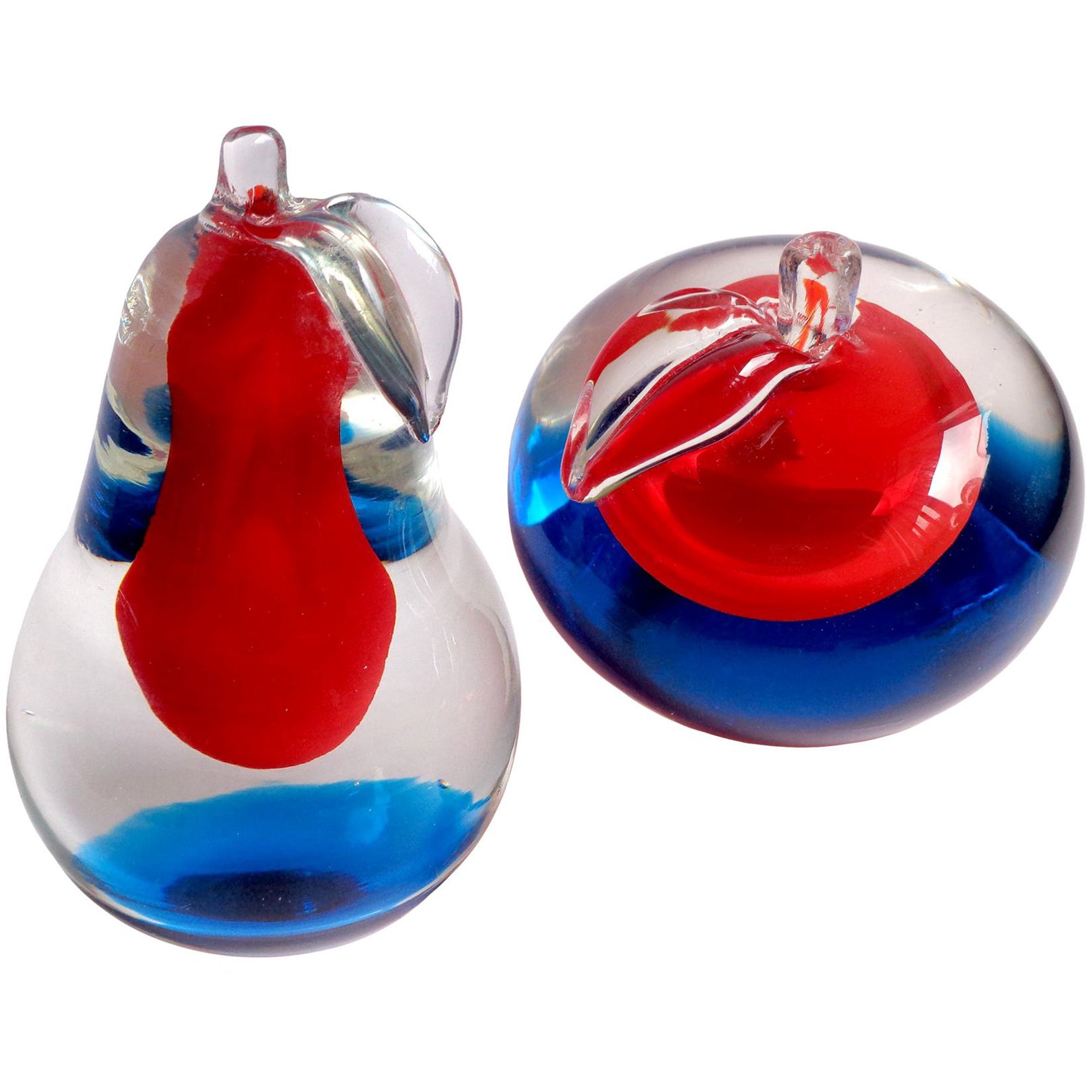 Fratelli Toso Murano Sommerso Red Blue Italian Art Glass Fruit Paperweights