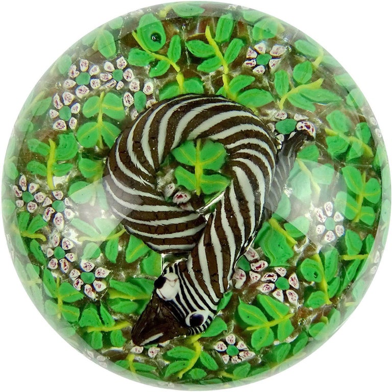 Hand-Crafted Fratelli Toso Murano Striped Snake in Wild Flowers Italian Art Glass Paperweight For Sale