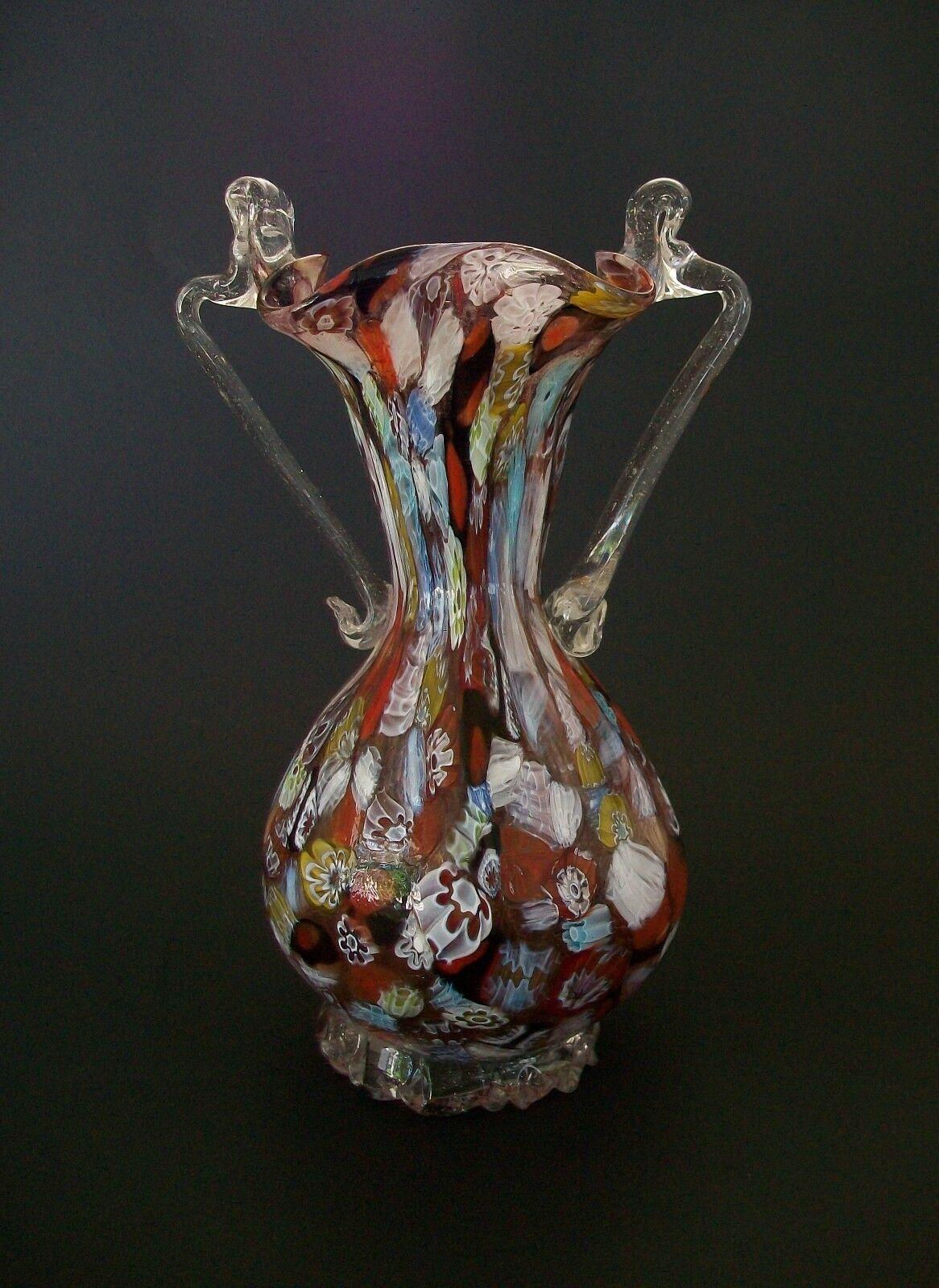 FRATELLI TOSO (Attributed) - Murano 'millefiori' glass vase - hand blown with clear 'bubble' glass handles and crimped foot rim - unsigned - Italy - circa 1950's.

Excellent vintage condition - no loss - no damage - no restoration - residue/grime to