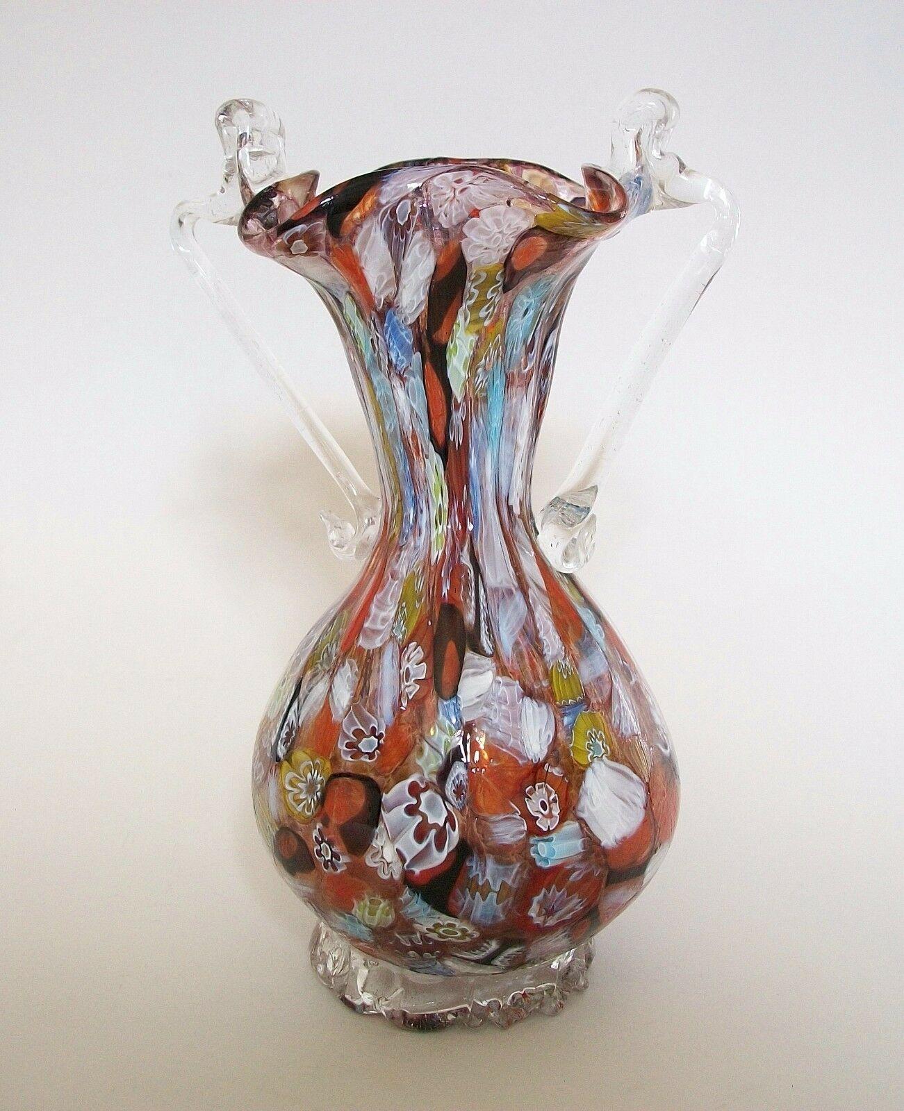 Hand-Crafted FRATELLI TOSO - Murano Twin Handled Millefiori Glass Vase - Italy - Circa 1950's For Sale