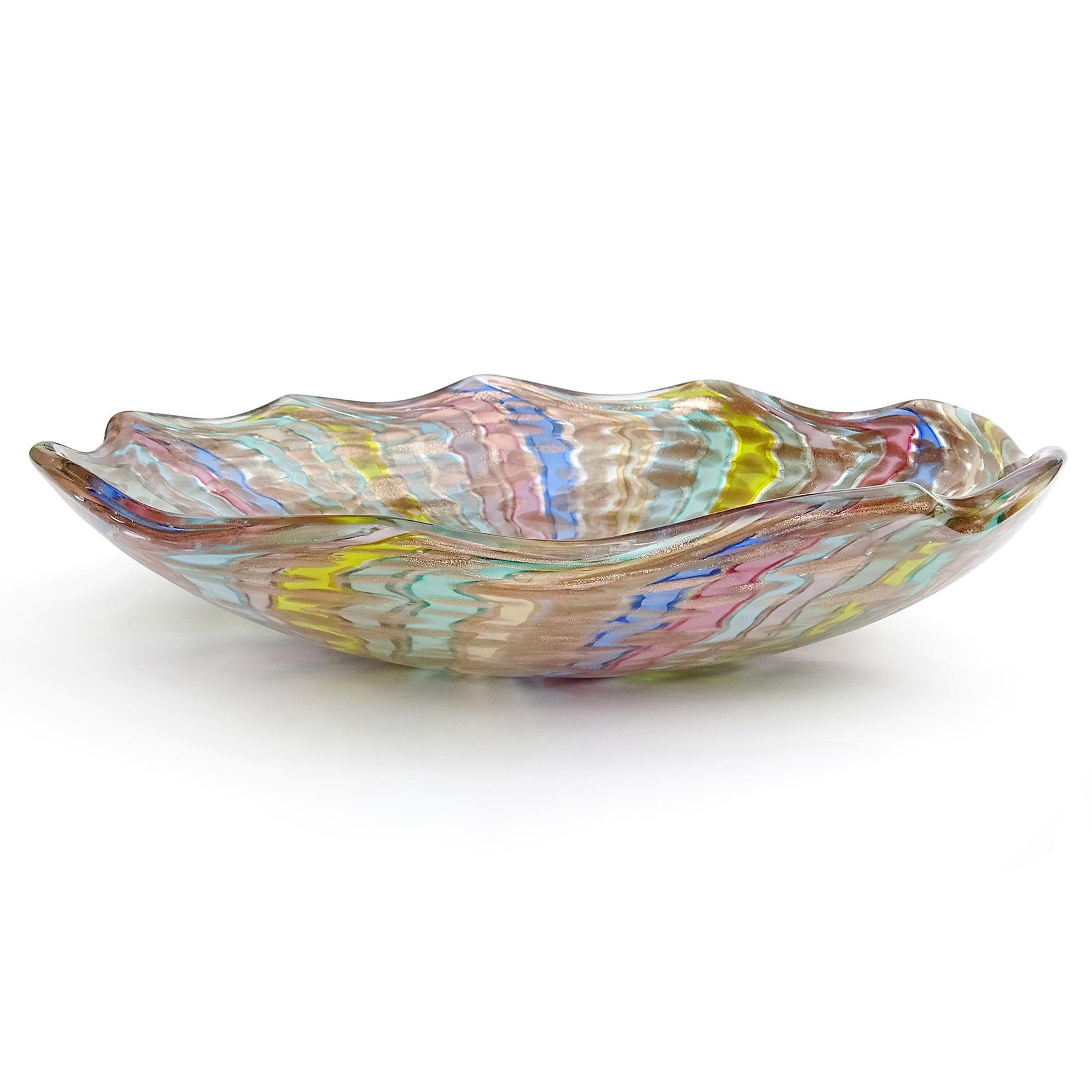 Mid-Century Modern Fratelli Toso Murano Vintage Rainbow Ribbons Aventurine Italian Art Glass Bowl