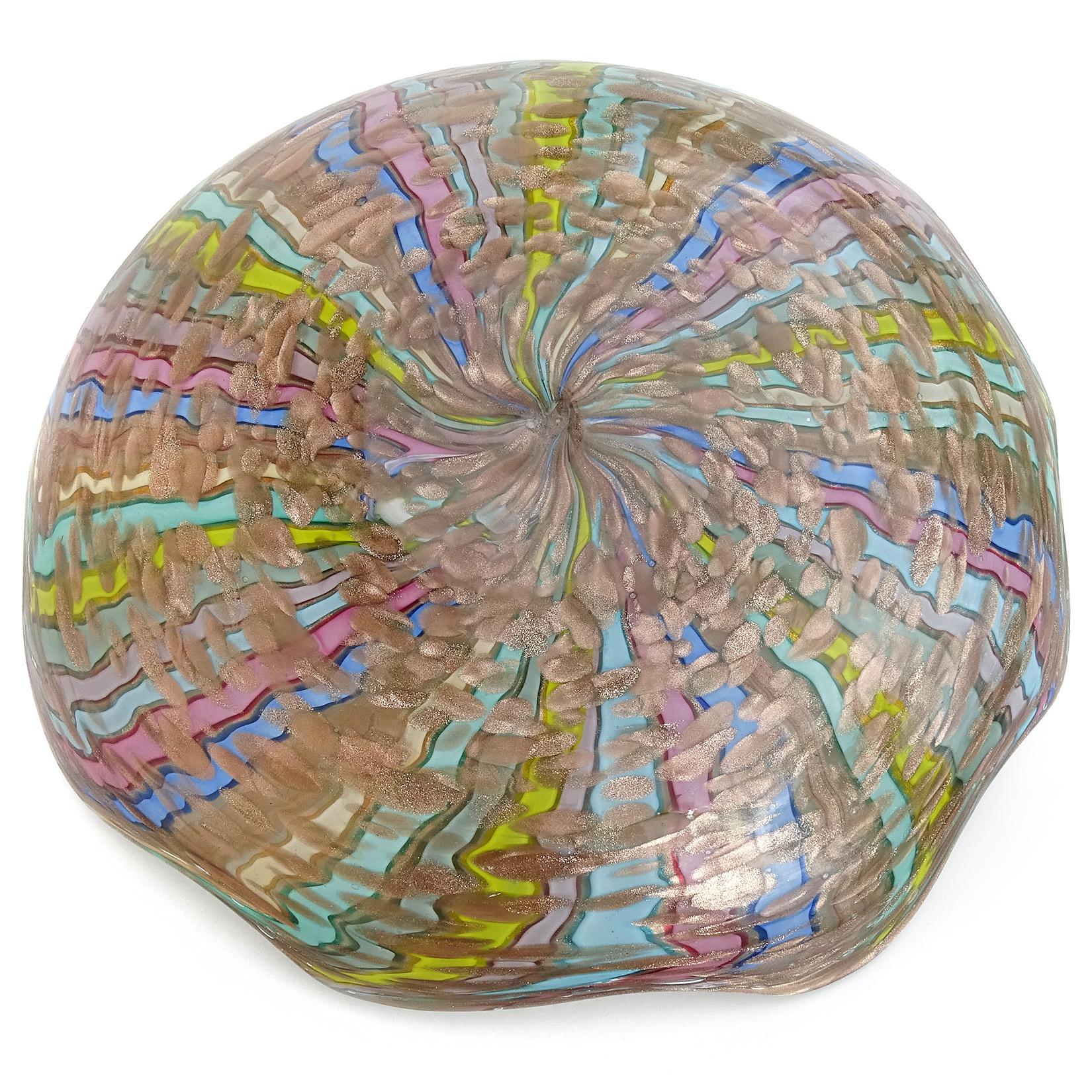 Fratelli Toso Murano Vintage Rainbow Ribbons Aventurine Italian Art Glass Bowl 3