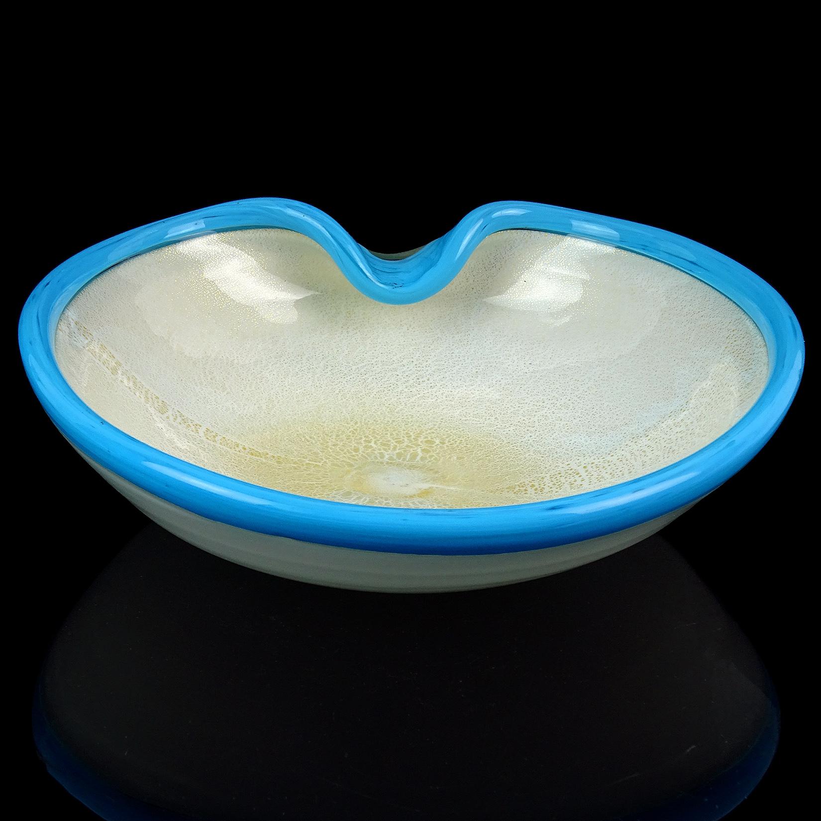 Fratelli Toso Murano Vintage White Blue Rim Gold Flecks Italian Art Glass Bowl 1