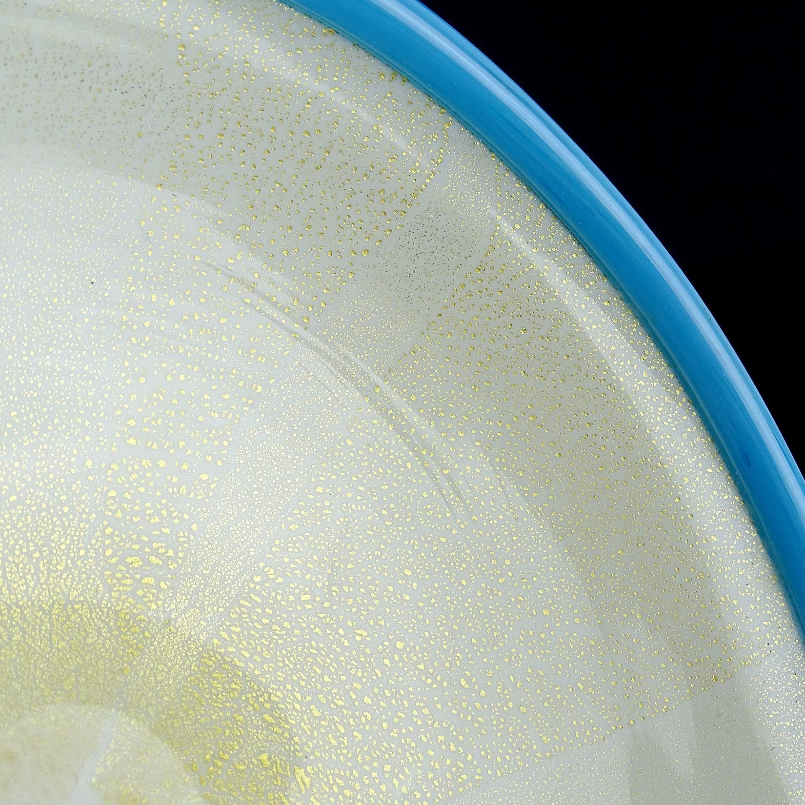 Fratelli Toso Murano Vintage White Blue Rim Gold Flecks Italian Art Glass Bowl 2