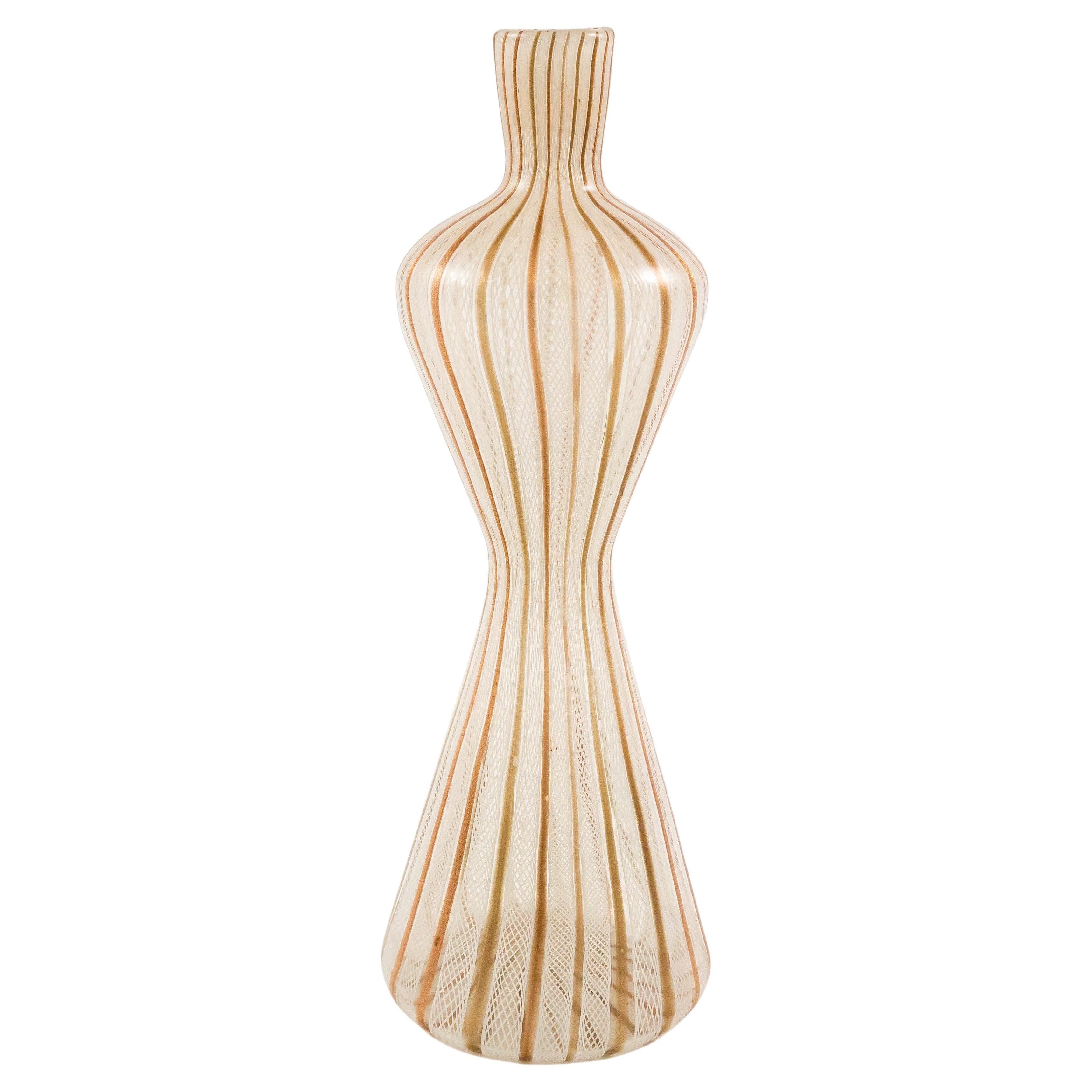 Fratelli Toso Murano White Aventurine Ribbons Hourglass Vase For Sale