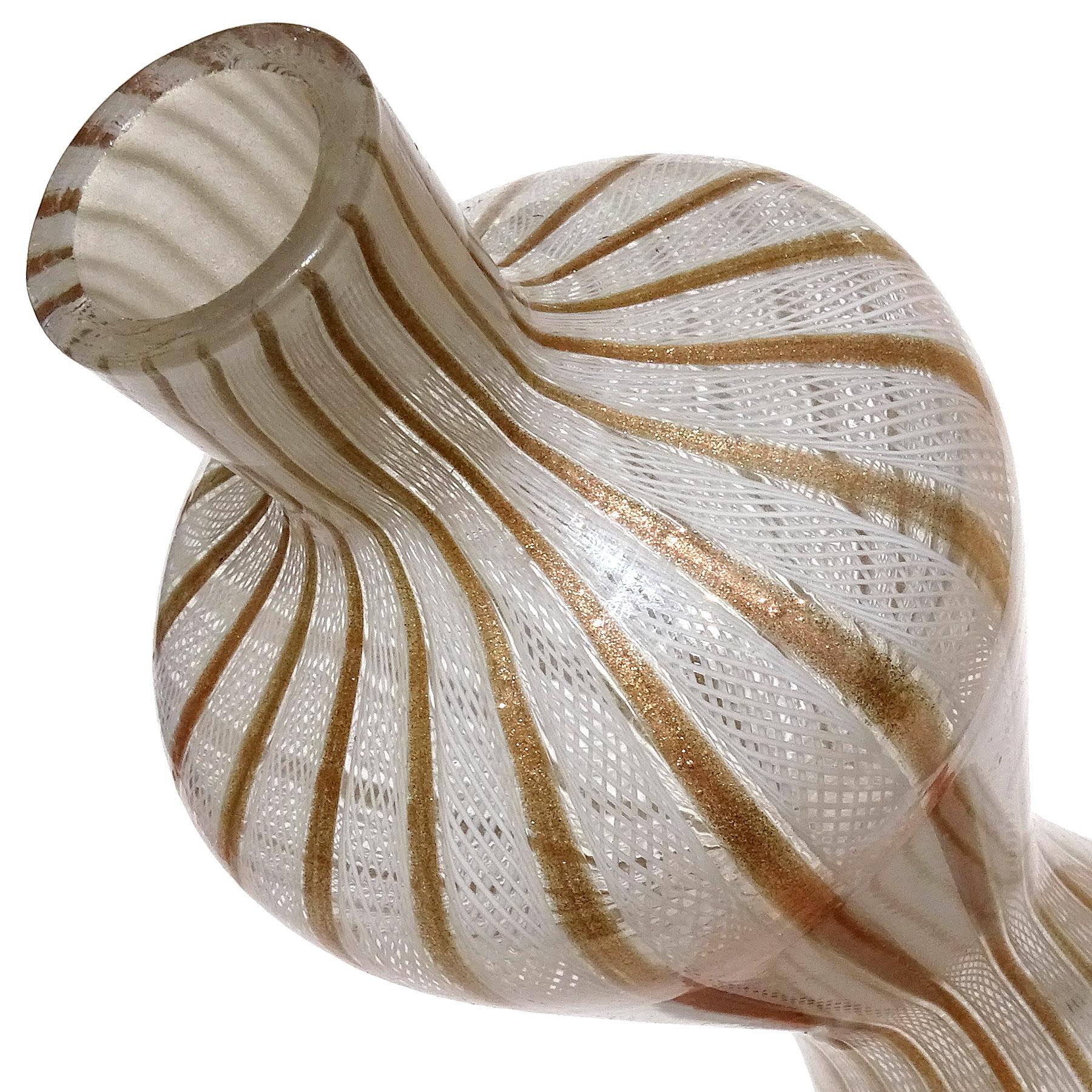 Hand-Crafted Fratelli Toso Murano White Aventurine Ribbons Italian Art Glass Hourglass Vase For Sale