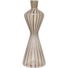 Used Fratelli Toso Murano White Aventurine Ribbons Italian Art Glass Hourglass Vase