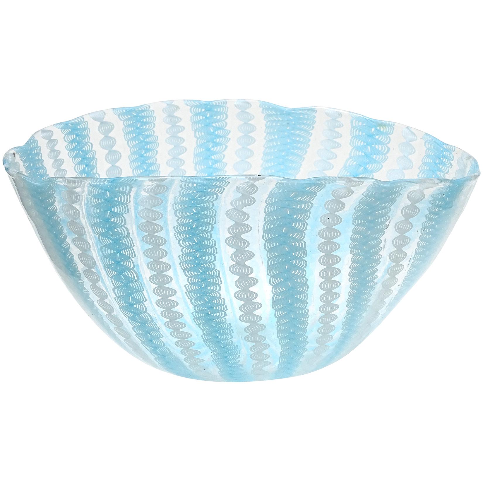 Fratelli Toso Murano White Blue Zanfirico Ribbons Italian Art Glass Bowl Vase