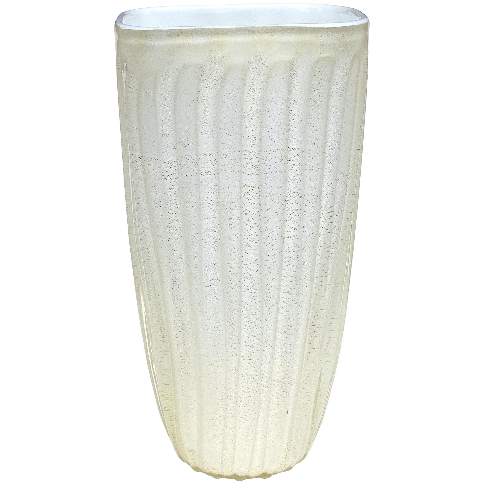 Fratelli Toso Murano White Gold Flecks Italian Art Glass Squared Rim Flower Vase