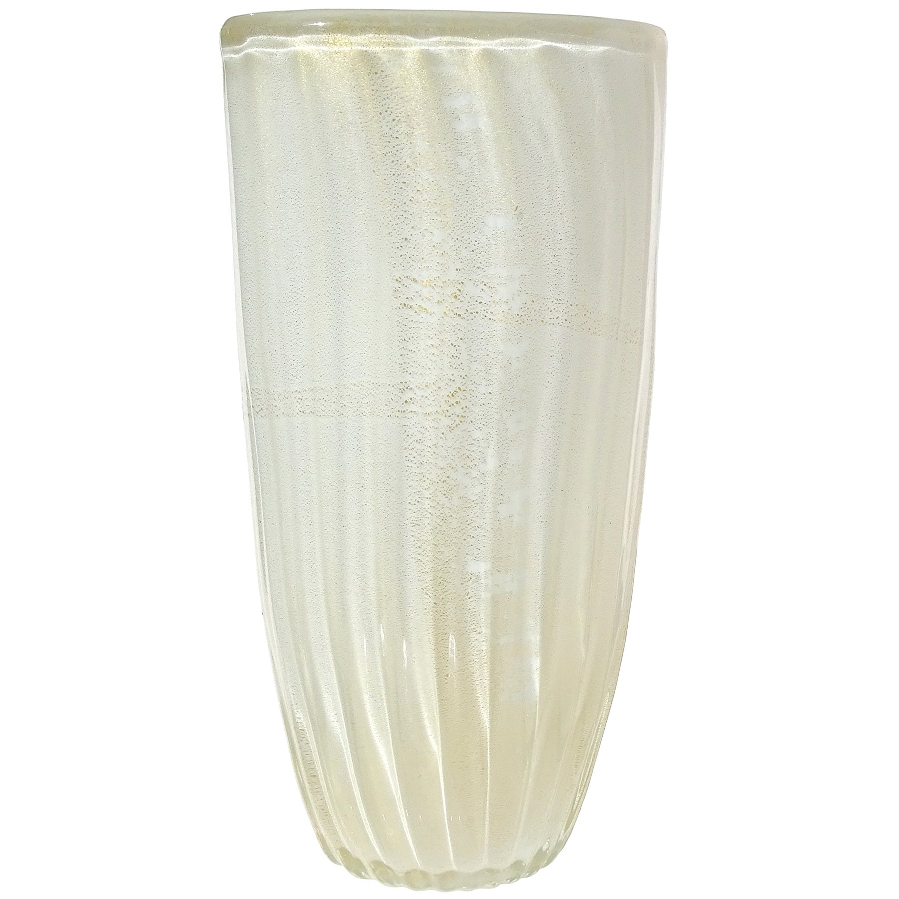 Fratelli Toso Murano White Gold Flecks Italian Art Glass Squared Rim Flower Vase For Sale