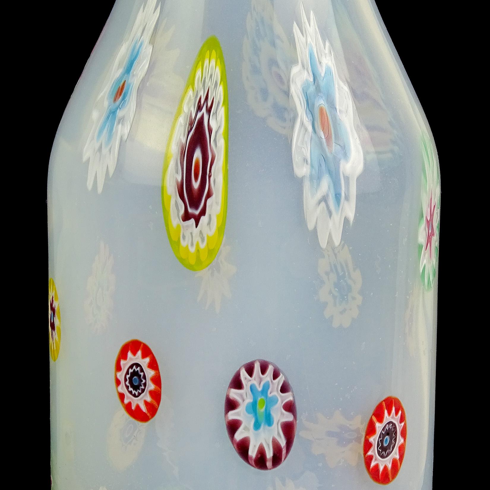 Mid-Century Modern Fratelli Toso Murano White Opalescent Flower Murrine Italian Art Glass Decanter For Sale