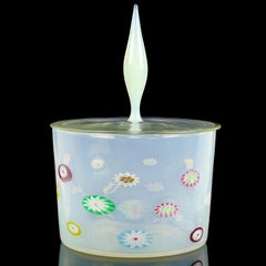Fratelli Toso Murano White Opalescent Flower Murrine Italian Art Glass Jar