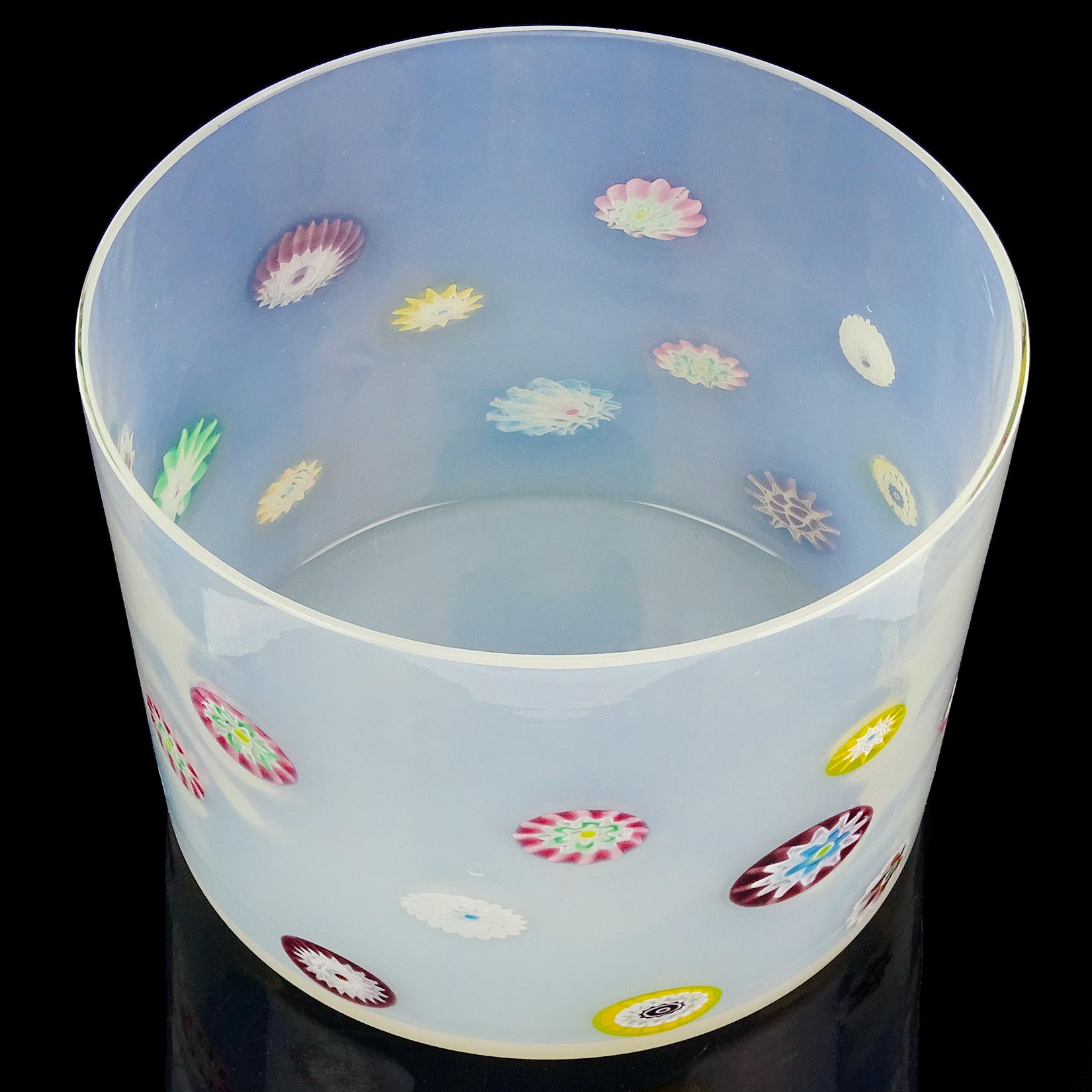 Mid-Century Modern Fratelli Toso Murano White Opalescent Flower Murrine Italian Art Glass Jar
