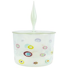 Fratelli Toso Murano White Opalescent Flower Murrine Italian Art Glass Jar