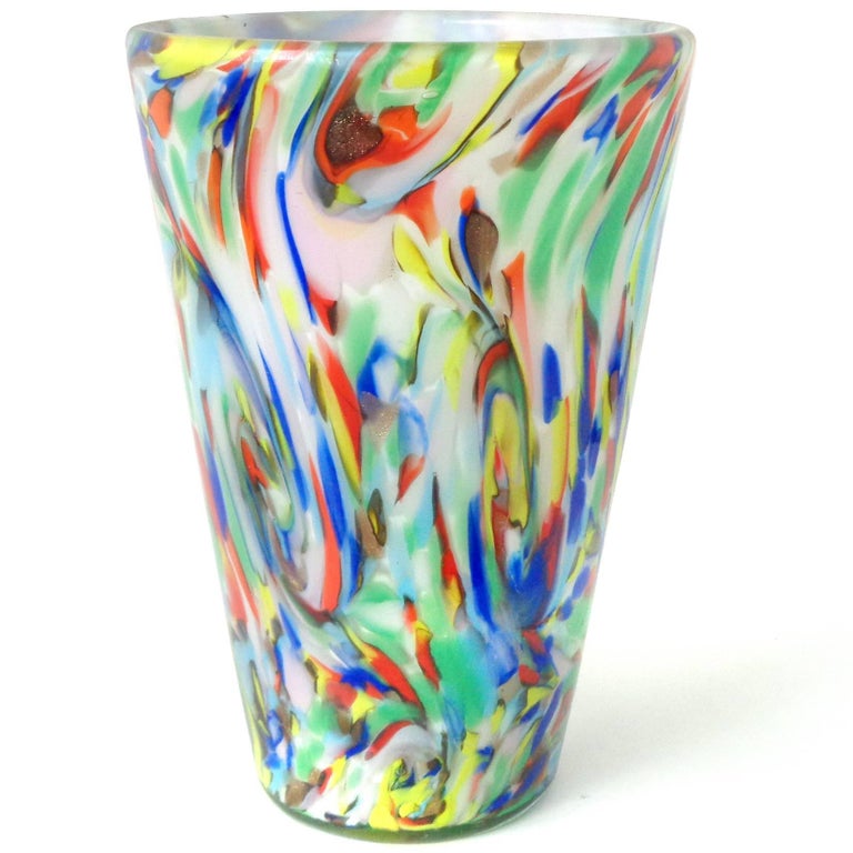 Mid-Century Modern Fratelli Toso Murano White Rainbow Color Swirls Italian Art Glass Flower Vase For Sale