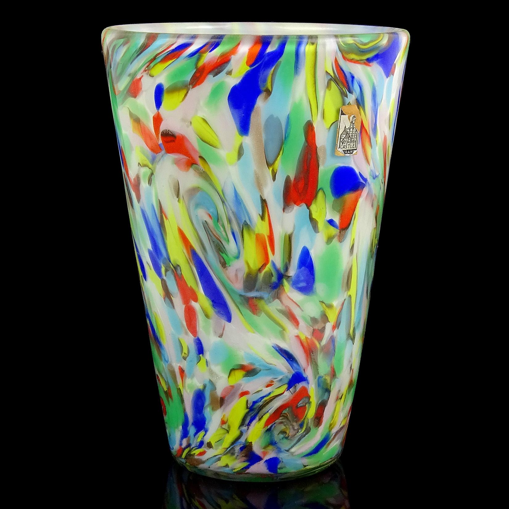 Mid-Century Modern Fratelli Toso Murano White Rainbow Color Swirls Italian Art Glass Flower Vase