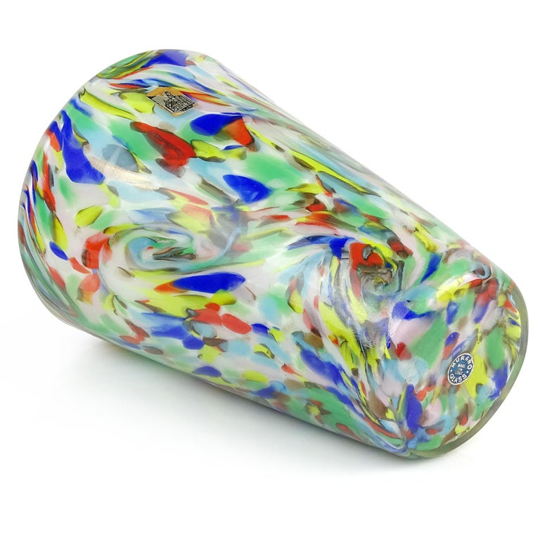 Fratelli Toso Murano White Rainbow Color Swirls Italian Art Glass Flower Vase For Sale 2