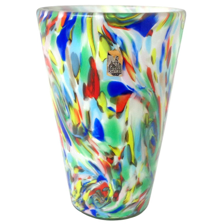 Fratelli Toso Murano White Rainbow Color Swirls Italian Art Glass Flower Vase For Sale