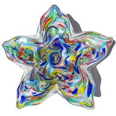 Fratelli Toso Murano White Rainbow Color Swirls Italian Art Glass Star Bowl
