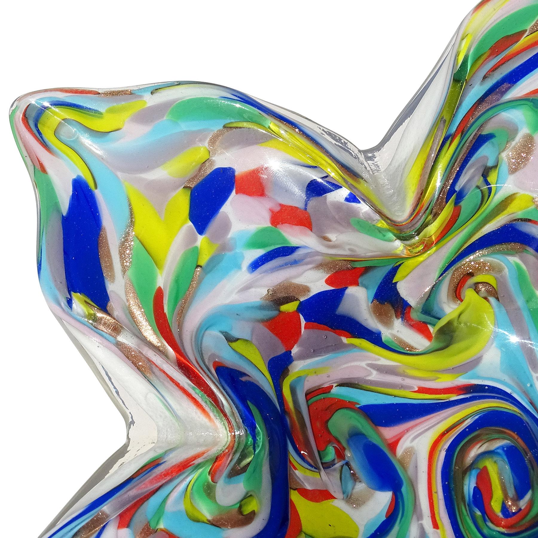 Mid-Century Modern Fratelli Toso Murano White Rainbow Color Swirls Italian Art Glass Star Bowl For Sale