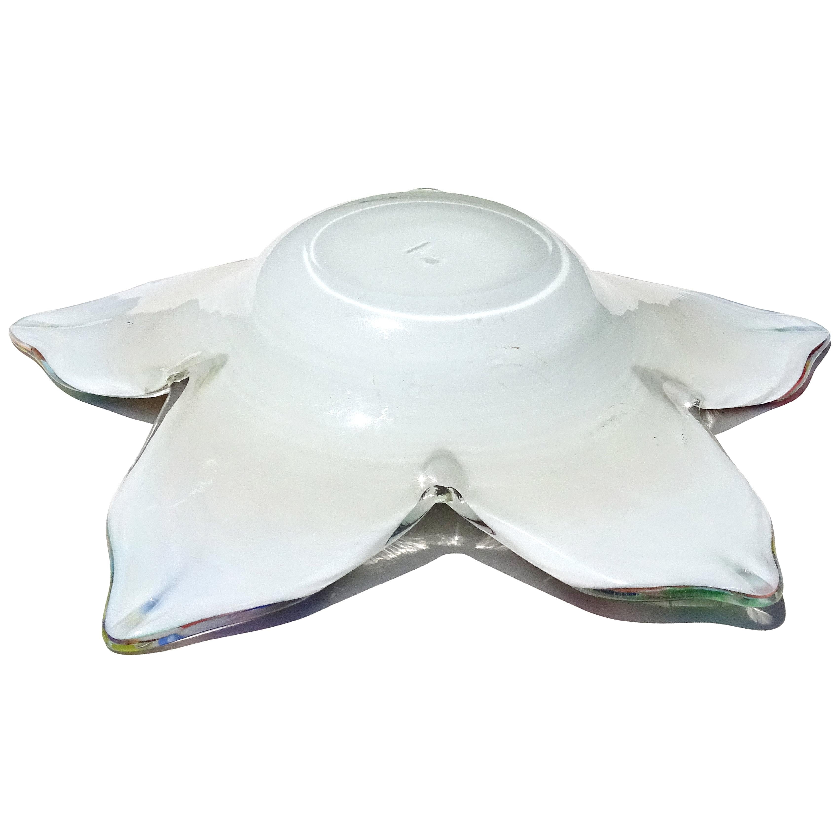 20th Century Fratelli Toso Murano White Rainbow Color Swirls Italian Art Glass Star Bowl For Sale