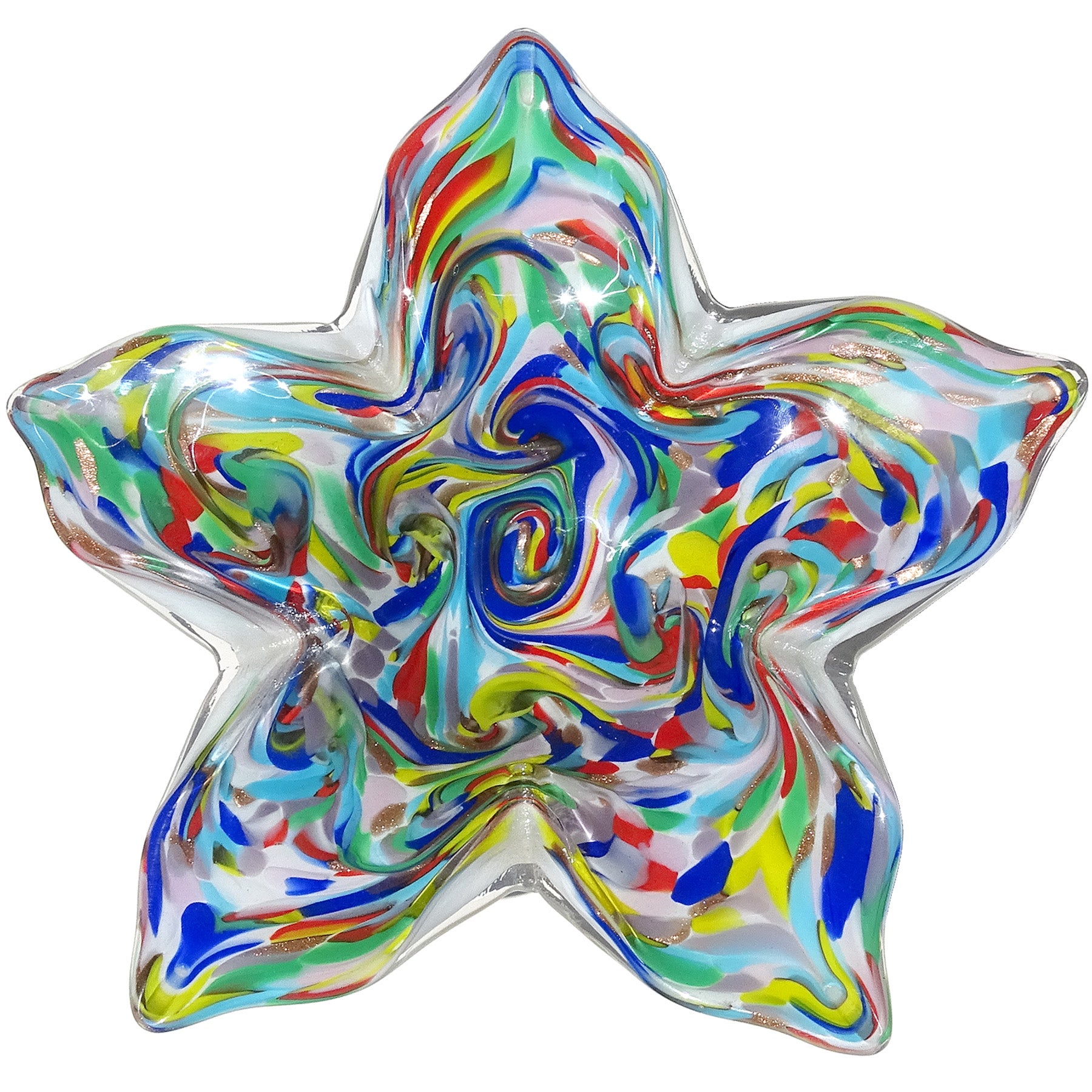 Fratelli Toso Murano White Rainbow Color Swirls Italian Art Glass Star Bowl For Sale