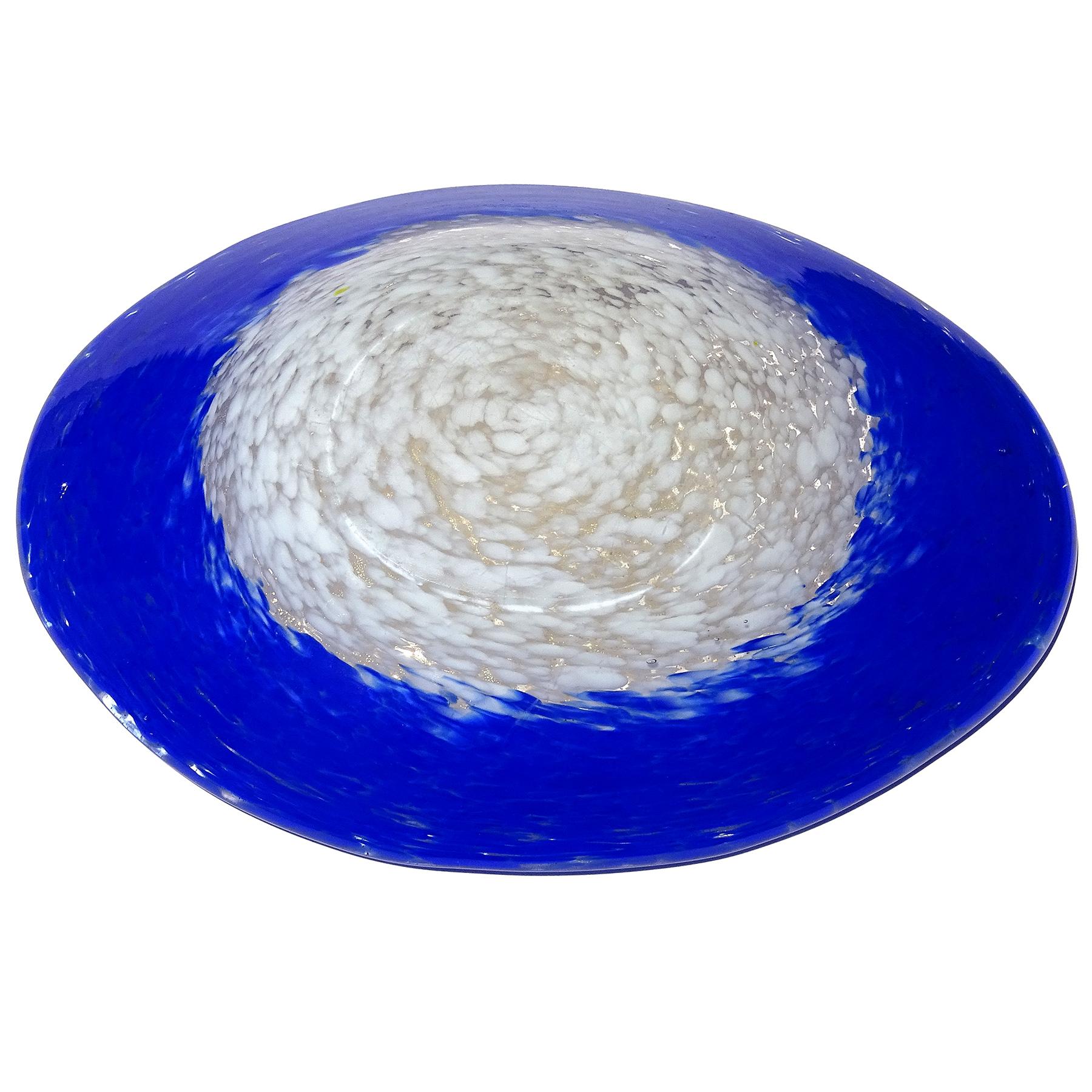 Fratelli Toso Murano White Sapphire Blue Gold Flecks Italian Art Glass Oval Bowl For Sale 4