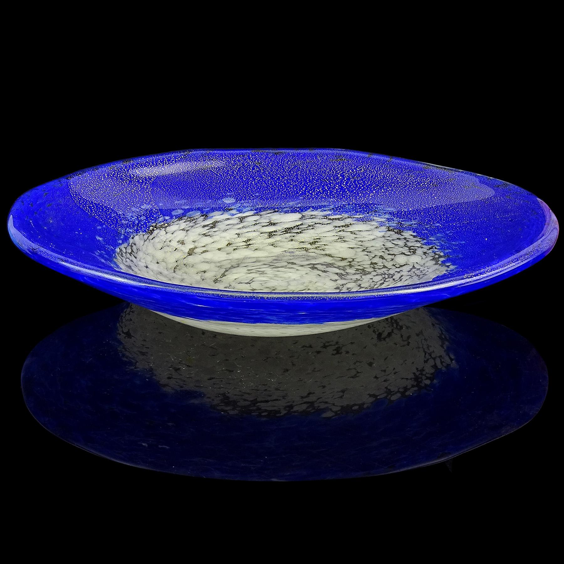 Fratelli Toso Murano Weiß Saphir Blau Gold Flecken Italienische Kunst Glas Oval Schale (Handgefertigt) im Angebot