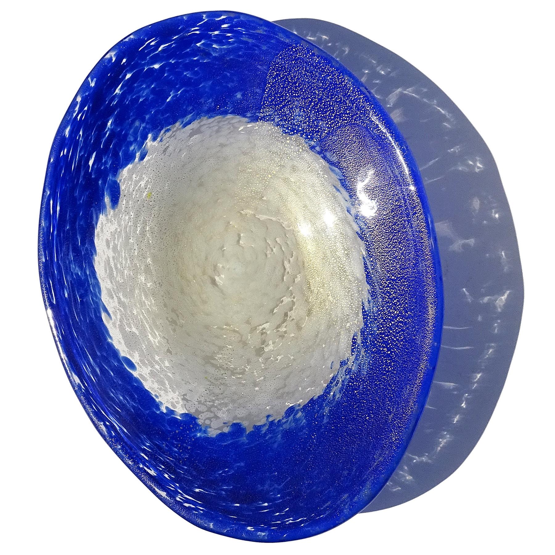 20th Century Fratelli Toso Murano White Sapphire Blue Gold Flecks Italian Art Glass Oval Bowl For Sale