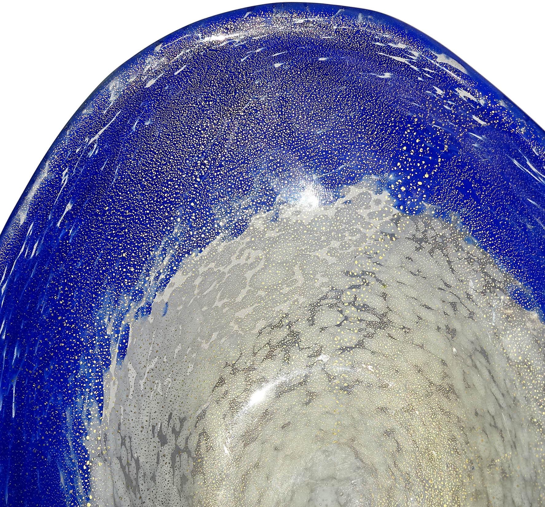 Fratelli Toso Murano Weiß Saphir Blau Gold Flecken Italienische Kunst Glas Oval Schale im Angebot 1