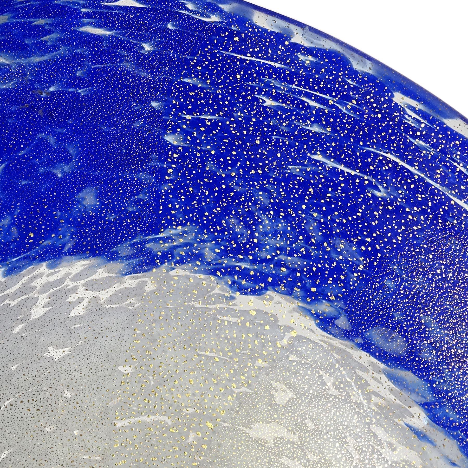 Fratelli Toso Murano White Sapphire Blue Gold Flecks Italian Art Glass Oval Bowl For Sale 3