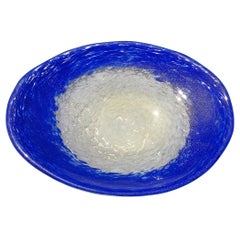 Fratelli Toso Murano White Sapphire Blue Gold Flecks Italian Art Glass Oval Bowl