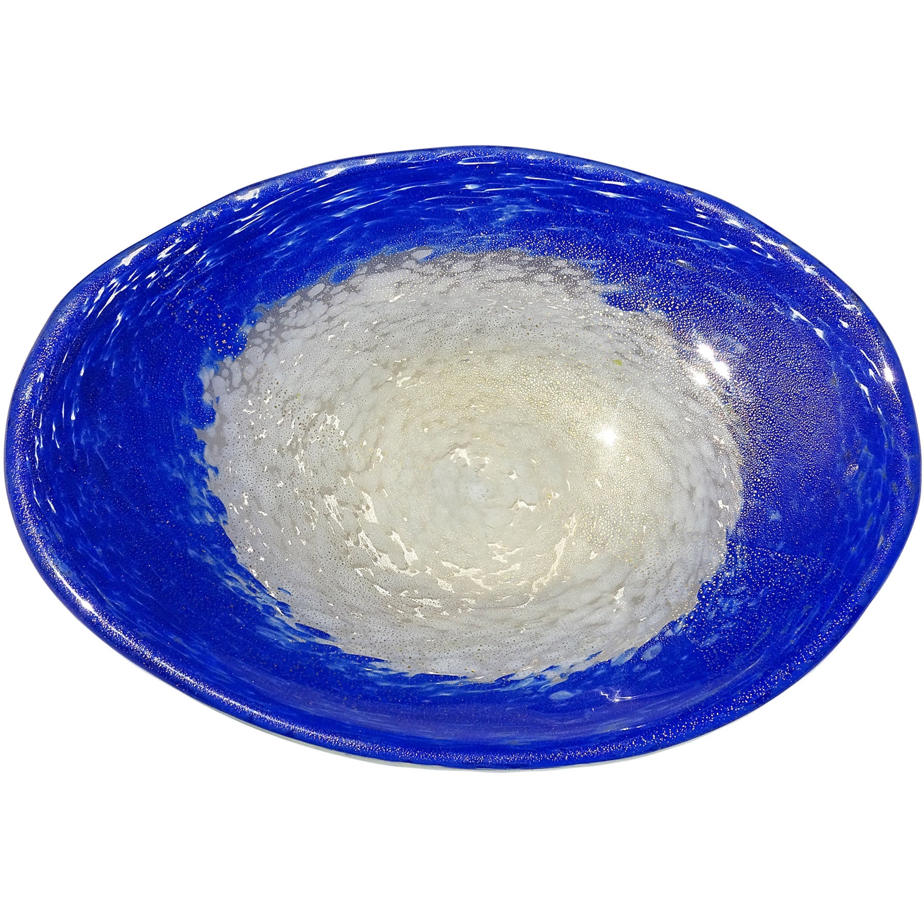 Fratelli Toso Murano White Sapphire Blue Gold Flecks Italian Art Glass Oval Bowl For Sale