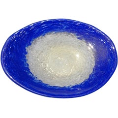 Fratelli Toso Murano White Sapphire Blue Gold Flecks Italian Art Glass Oval Bowl