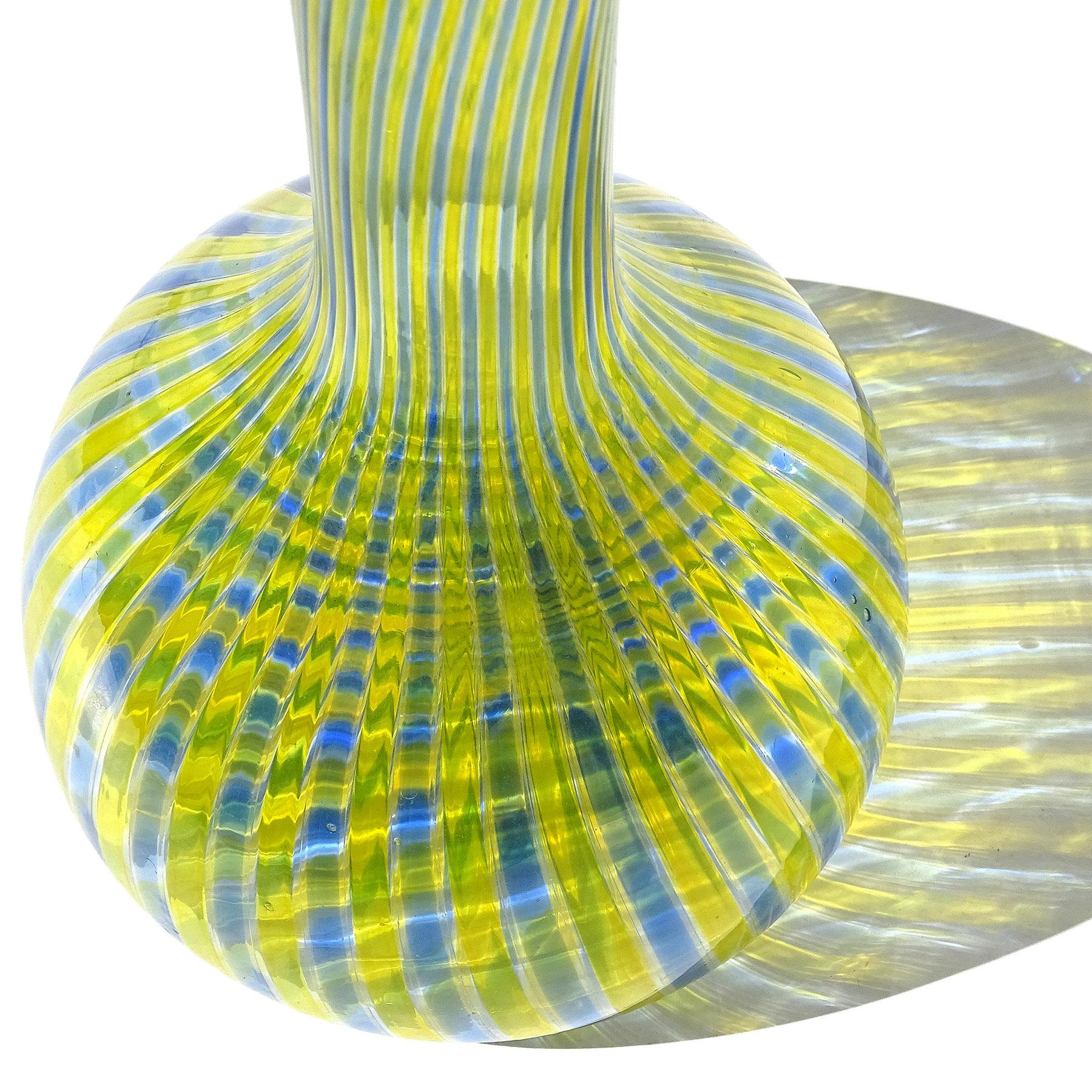 Hand-Crafted Fratelli Toso Murano Yellow Blue a Canne Ribbons Italian Art Glass Bottle Vase For Sale